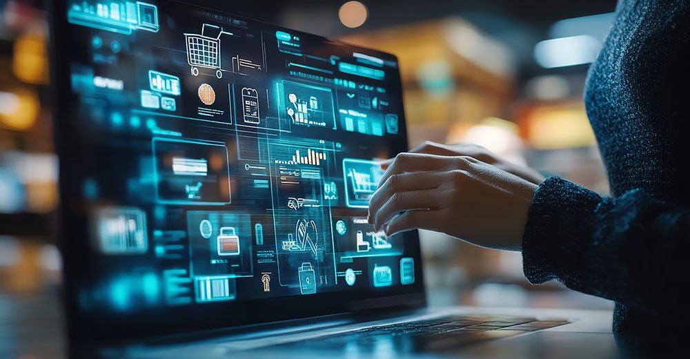 Interactive ecommerce interface displaying shopper engagement analytics, product merchandising tools, and embedded shopping features.